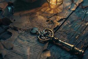 Antique key resting on weathered paper illuminated by candlelight photo