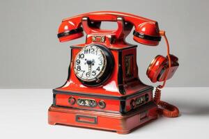 Red retro rotary phone showing time passing by photo