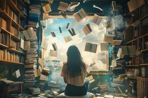 Young woman sitting in library with books flying out the window into a cloudy sky photo