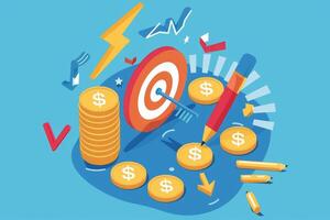 Red pencil pointing at dollar coin with target and stacked coins representing successful investment strategy photo