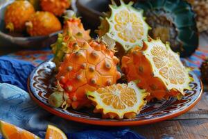 Kiwano melon cut open on rustic plate with blue tablecloth photo