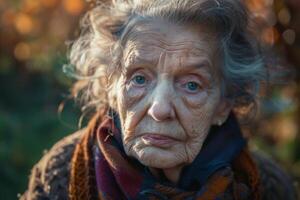 Senior woman posing with a neutral expression in nature photo