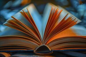 Open book spreading its colorful pages on a table photo