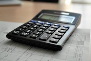 Black calculator lying on spreadsheet with numbers on wooden desk photo