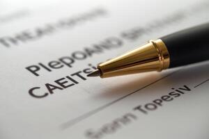 Golden pen lying on document waiting for signing photo