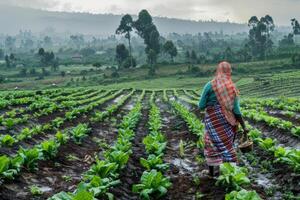 Female farmer walking through rows of crops on farm in developing country photo