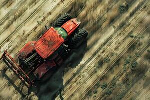 Red tractor plowing dry field top down aerial view photo
