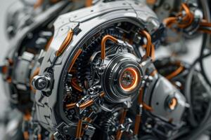 Futuristic machine operating with complex copper wiring system photo