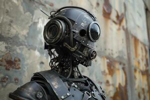 Steampunk robot posing with grunge background photo