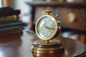 Antique world clock showing different time zones on wooden desk photo