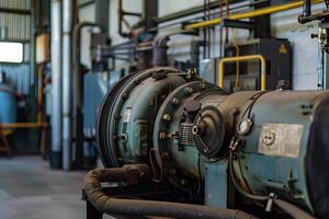 Industrial air compressor operating in a factory setting photo