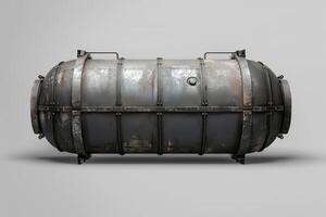 Old rusty metal container tank isolated on grey background photo