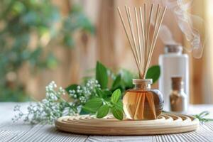Aromatic reed diffuser releasing pleasant scent with smoke in background photo
