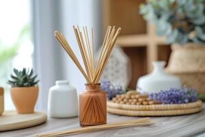 Aromatic reed diffuser bringing pleasant fragrance into modern apartment photo