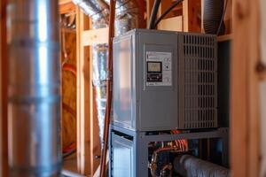 Hvac technician installing brand new energy efficient heat pump photo