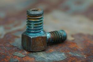 Rusty hex bolt with green coating resting on rusted metal surface photo