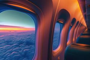 Airplane window showing vivid colorful sunset over clouds photo