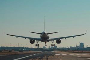 White passenger airplane landing at the airport runway photo