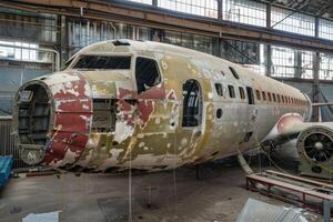 Old disassembled plane being restored in hangar photo