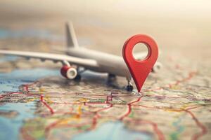 Miniature airplane model standing on map with red destination pin photo