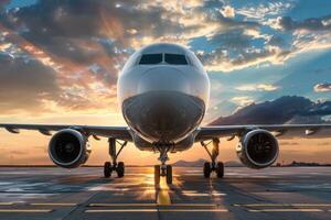 White passenger airplane standing on a runway at sunset photo