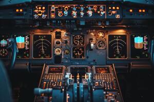Airplane cockpit control panel showing flight data photo