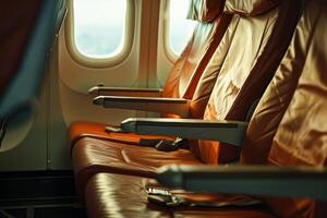 Empty airplane seats waiting for passengers by window photo