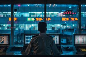 Air traffic controller working at night, surrounded by computers and screens photo