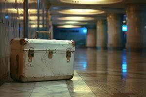 Old worn suitcase is standing alone in empty subway station photo