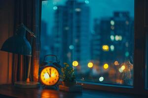 Alarm clock showing midnight with city lights reflecting in window photo