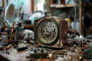 Old broken dismounted clock with visible mechanism lying on watchmaker workbench photo