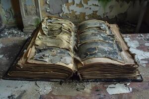 Old damaged book lying open showing deterioration from time passing photo