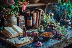 Alchemist's workshop with dried herbs, flowers and open grimoire for preparing potion photo