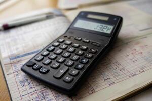 Accountant calculating budget using calculator in office photo