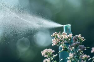 Spray bottle refreshing flowers with water particles on blurred background photo