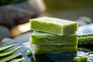 Stack of handmade aloe vera cold processed soap bars resting on black surface photo