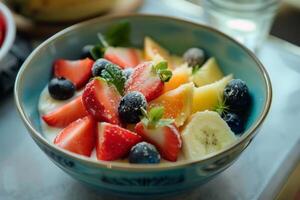 Fresh fruit salad with yogurt and mint leaves sprinkled with powdered sugar photo