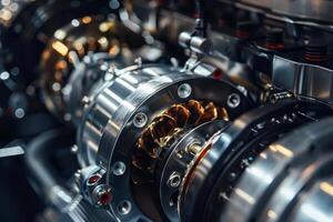 Close up of electric car engine showing complex mechanical components photo