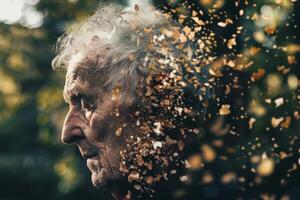 Senior man disappearing into autumn leaves representing aging and memory loss photo