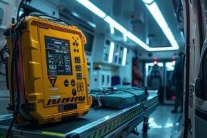 Electrocardiograph device standing on stretcher in ambulance with paramedics working photo