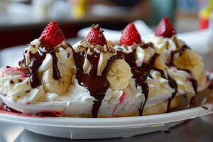 Banana split sundae dripping with chocolate sauce topped with strawberries and nuts photo