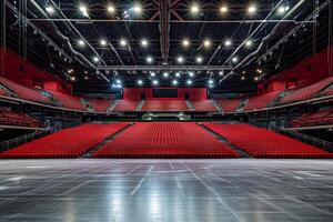 Empty sports arena with red seats waiting for the event to start photo