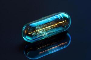 Transparent pill glowing from within reflecting on dark background photo