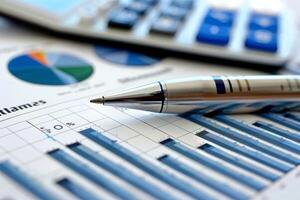 Pen lying on paperwork showing statistical charts with calculator in background photo