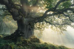 Sunbeams shining through branches of ancient oak tree growing on hillside in misty forest photo