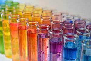 Scientist analyzing test tubes filled with colorful chemical liquid for scientific experiment photo