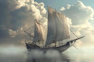 Ancient caravel sailing through foggy waters on a cloudy day photo