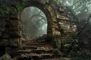 Stone archway leading to a mysterious forest path photo