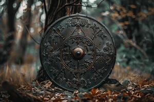 Ancient round shield with celtic pattern leaning on a tree in the forest photo
