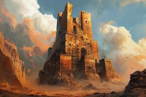 Ancient abandoned city crumbling in desert landscape photo